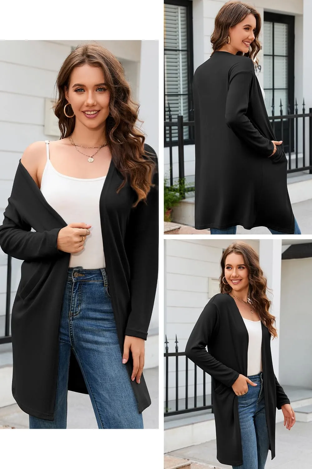 OUGES Women's Open Front Cardigan Shirt with Pockets Long Sleeve Lightweight Coat
