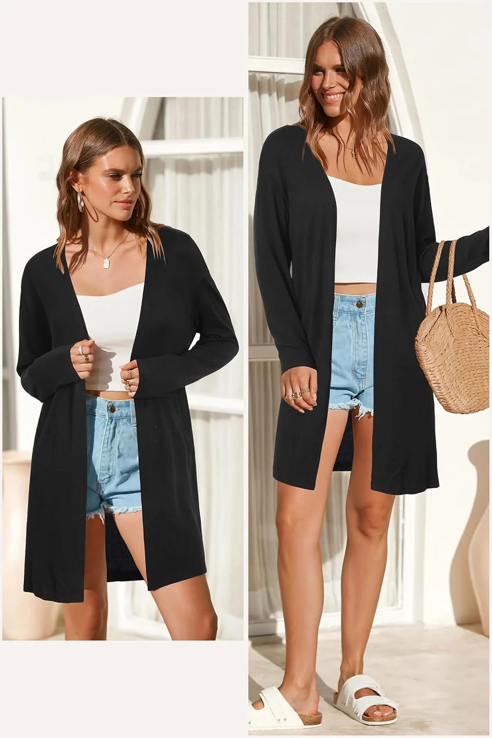 OUGES Women's Open Front Cardigan Shirt with Pockets Long Sleeve Lightweight Coat