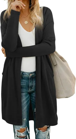 OUGES Women's Open Front Cardigan Shirt with Pockets Long Sleeve Lightweight Coat