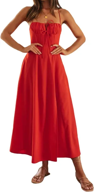 Owl's-Yard Women Ruffle Spaghetti Strap Dress Sexy Backless Tiered Flowy Sundresses Boho Beach Long Dress Clubwear