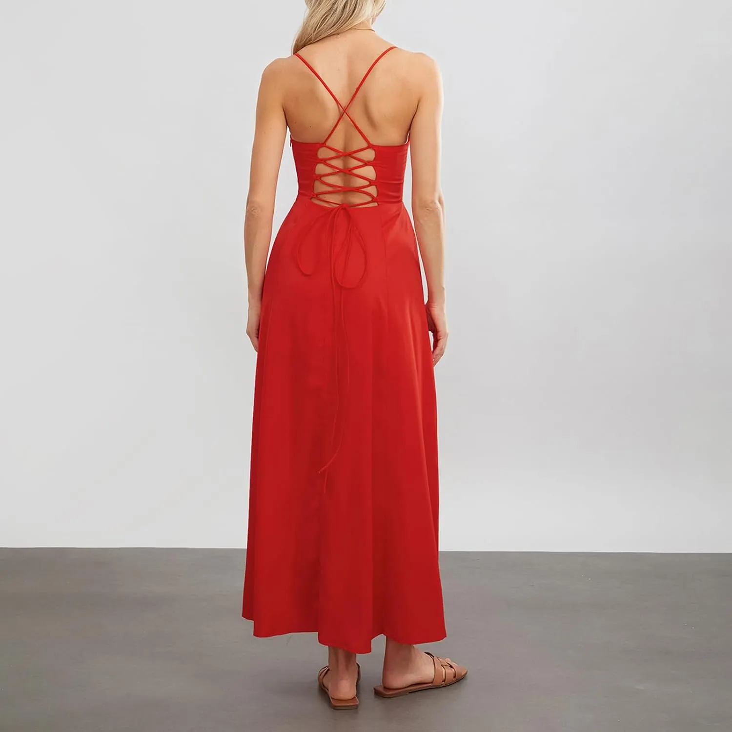 Owl's-Yard Women Ruffle Spaghetti Strap Dress Sexy Backless Tiered Flowy Sundresses Boho Beach Long Dress Clubwear