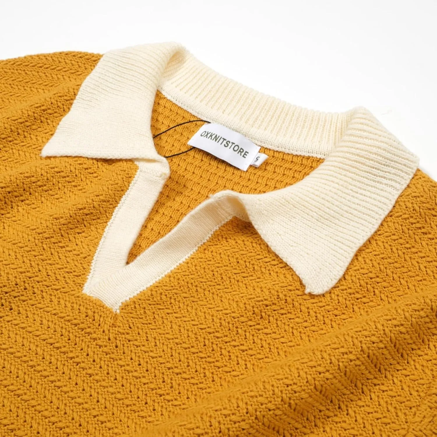 OXKNIT Mens Knit Polo Shirts Vintage Short Sleeve Golf Shirts Textured Retro Poloshirt White V-Neck