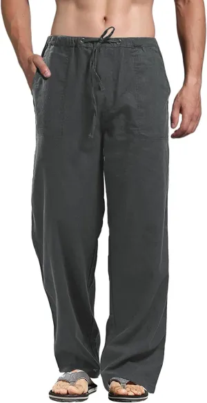 perdontoo Mens Casual Cotton Linen Pants Elastic Waist Drawstring Straight Summer Beach Pants