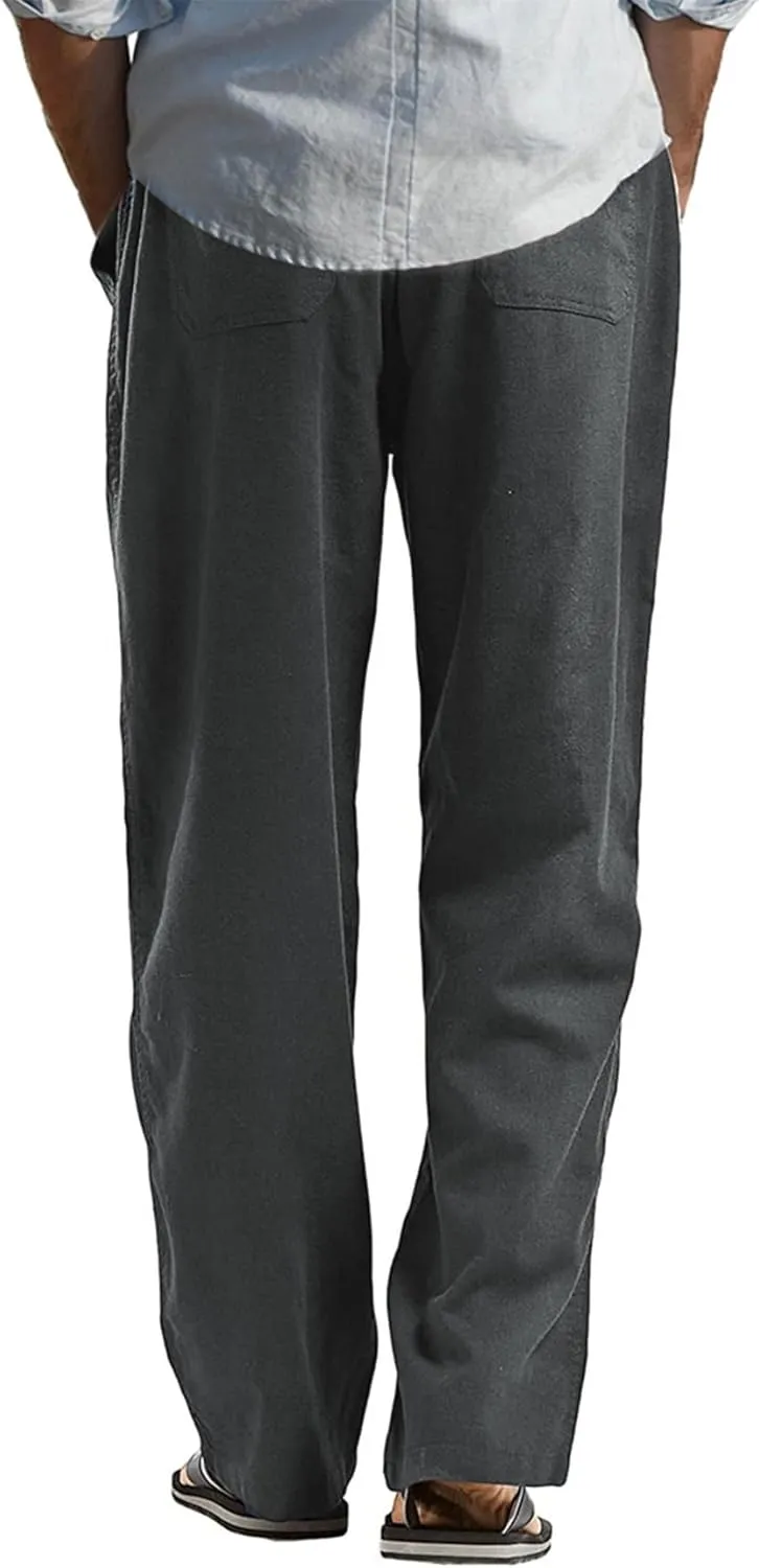 perdontoo Mens Casual Cotton Linen Pants Elastic Waist Drawstring Straight Summer Beach Pants