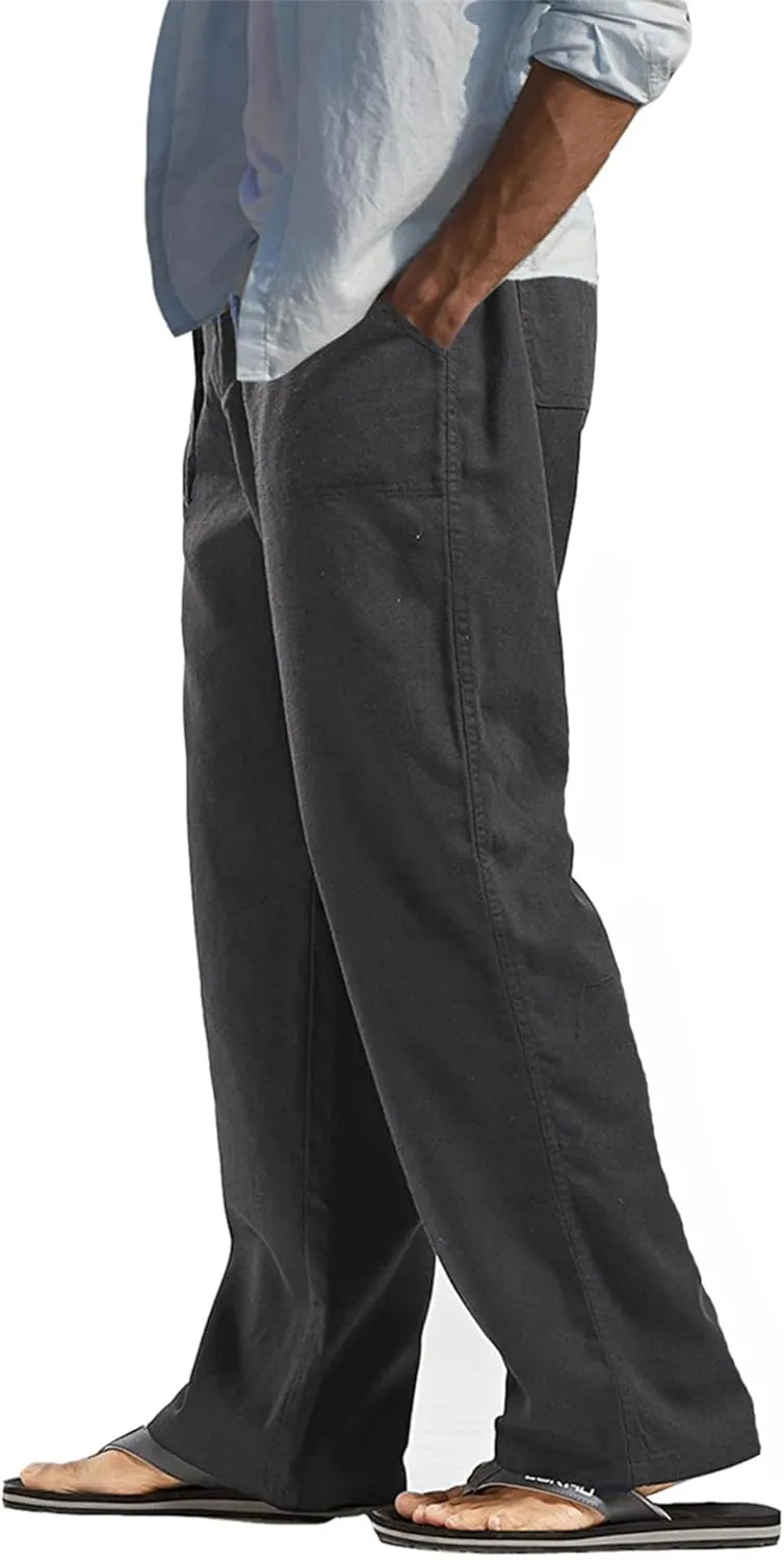 perdontoo Mens Casual Cotton Linen Pants Elastic Waist Drawstring Straight Summer Beach Pants