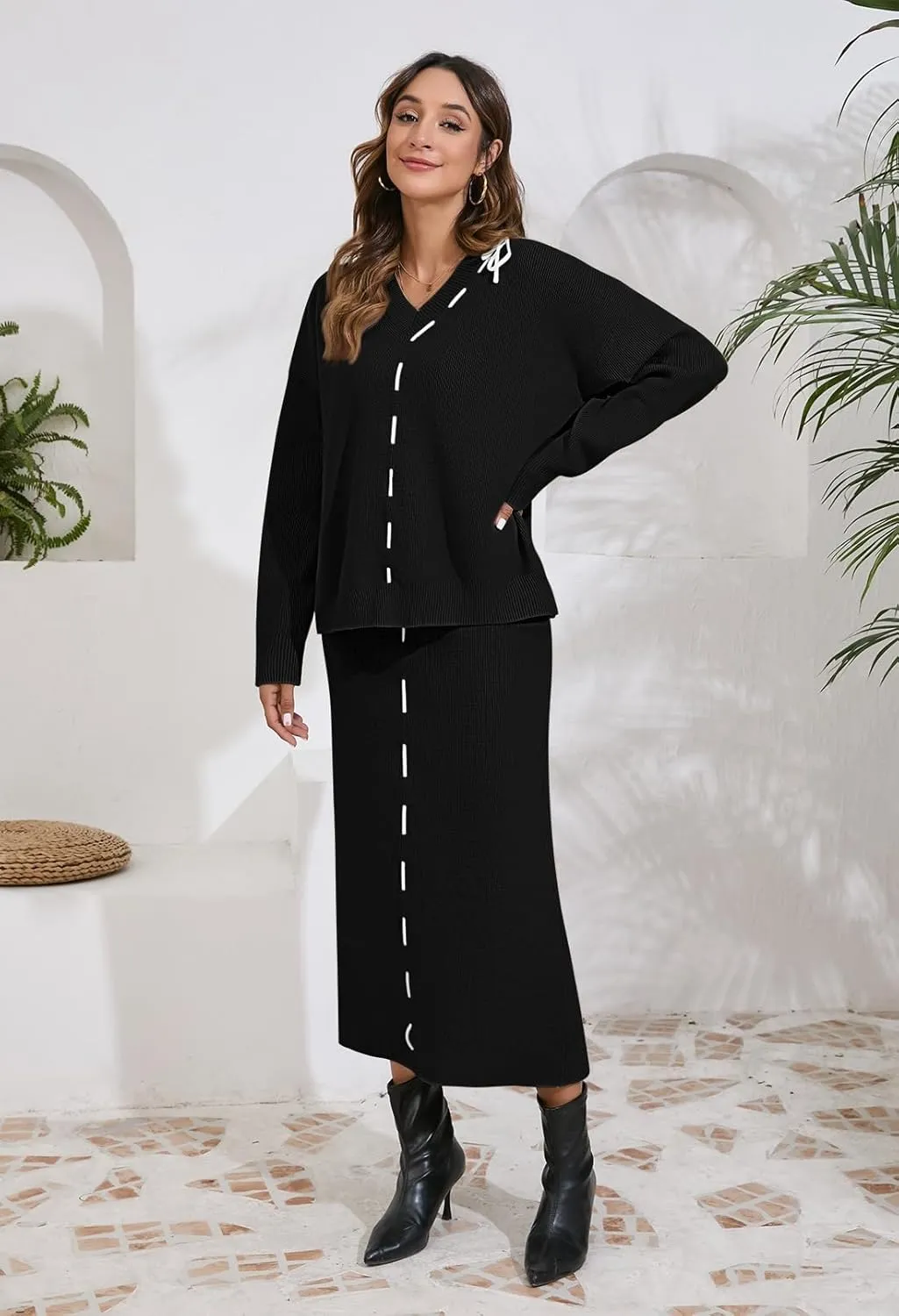 Pink Queen 2024 Women's 2 Piece Sweater Set V Neck Rib Knit Long Sleeve Maxi Bodycon Skirt Casual Outfits