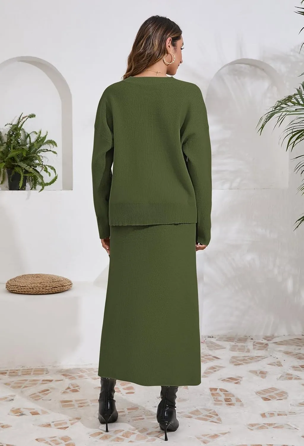 Pink Queen 2024 Women's 2 Piece Sweater Set V Neck Rib Knit Long Sleeve Maxi Bodycon Skirt Casual Outfits