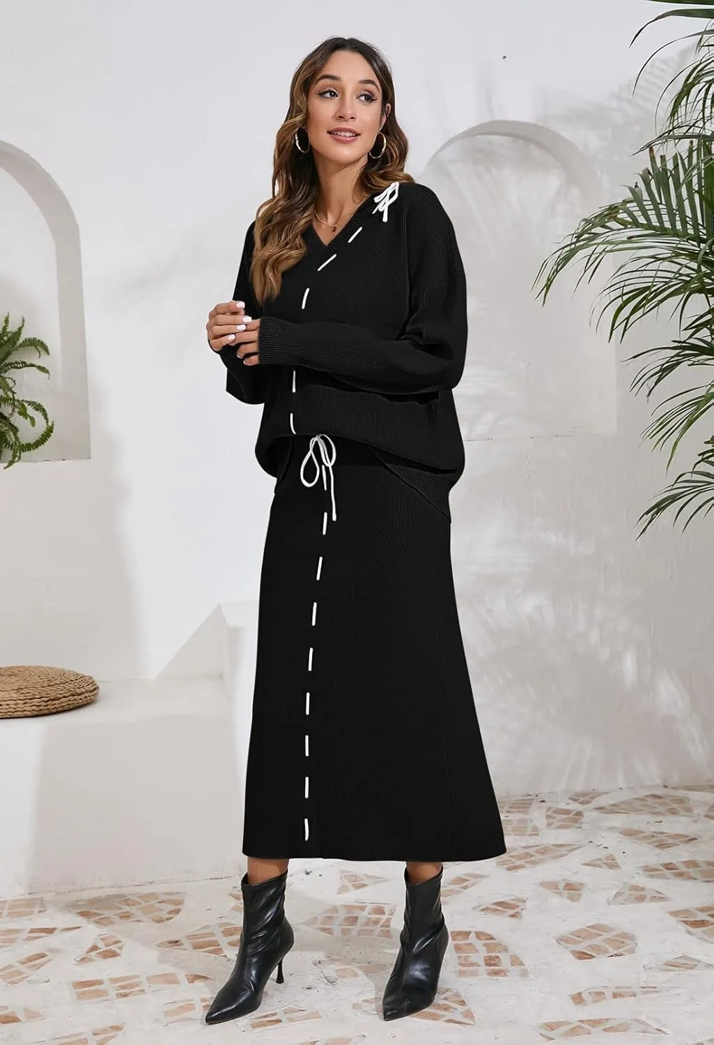 Pink Queen 2024 Women's 2 Piece Sweater Set V Neck Rib Knit Long Sleeve Maxi Bodycon Skirt Casual Outfits