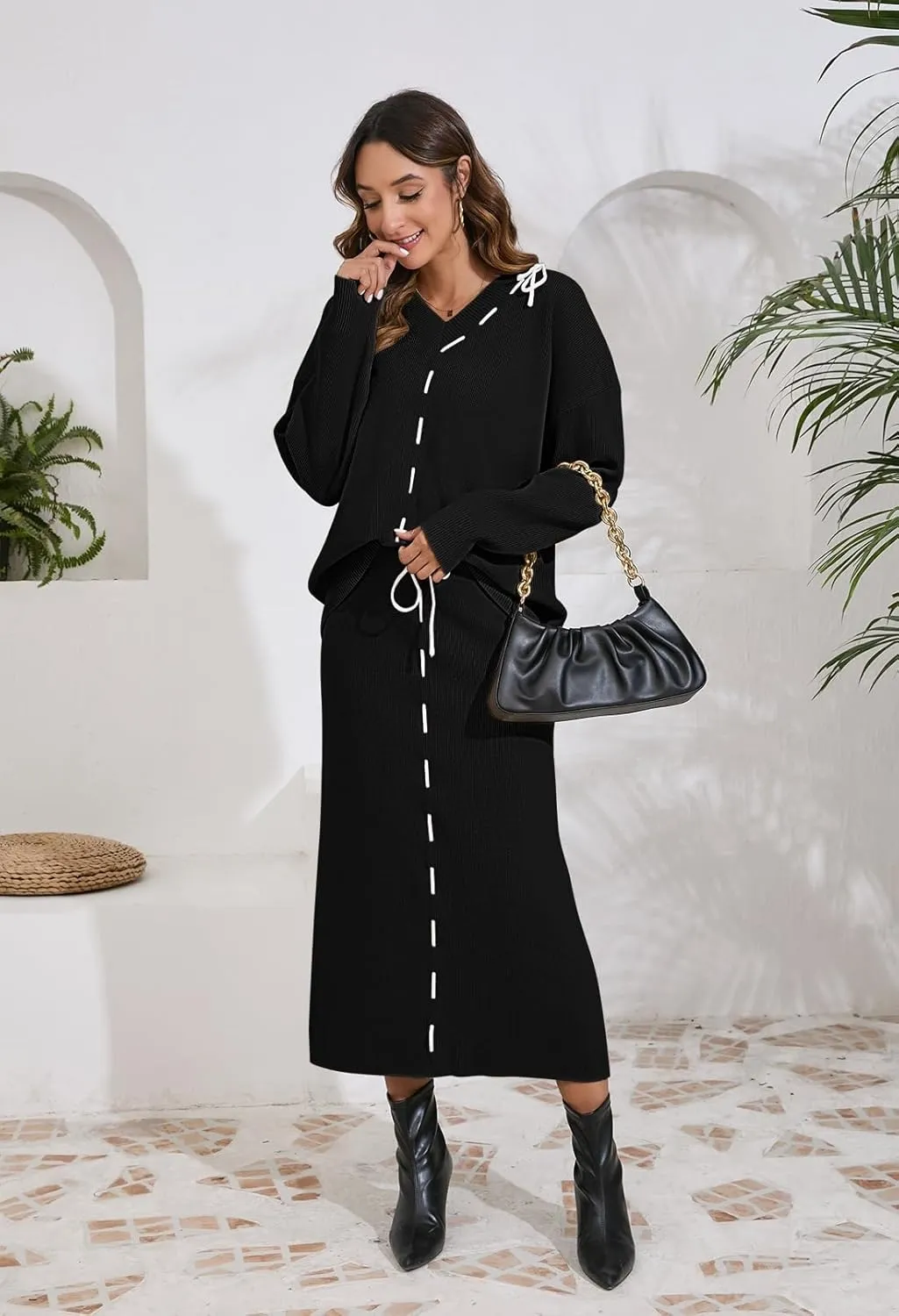Pink Queen 2024 Women's 2 Piece Sweater Set V Neck Rib Knit Long Sleeve Maxi Bodycon Skirt Casual Outfits