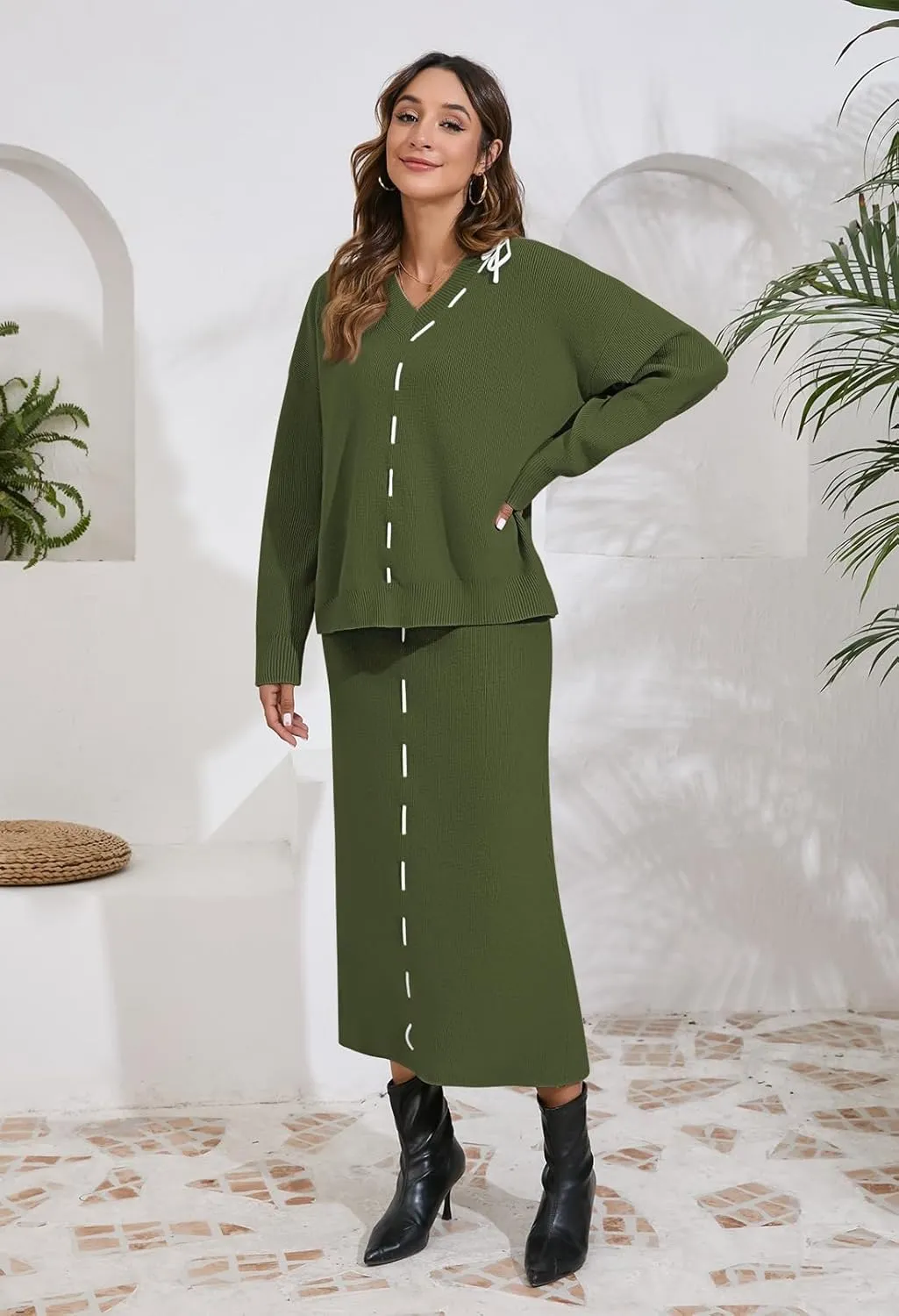 Pink Queen 2024 Women's 2 Piece Sweater Set V Neck Rib Knit Long Sleeve Maxi Bodycon Skirt Casual Outfits