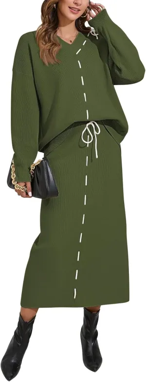 Pink Queen 2024 Women's 2 Piece Sweater Set V Neck Rib Knit Long Sleeve Maxi Bodycon Skirt Casual Outfits