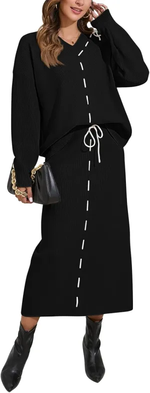 Pink Queen 2024 Women's 2 Piece Sweater Set V Neck Rib Knit Long Sleeve Maxi Bodycon Skirt Casual Outfits