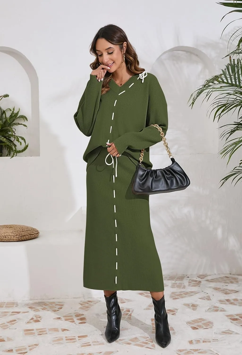 Pink Queen 2024 Women's 2 Piece Sweater Set V Neck Rib Knit Long Sleeve Maxi Bodycon Skirt Casual Outfits