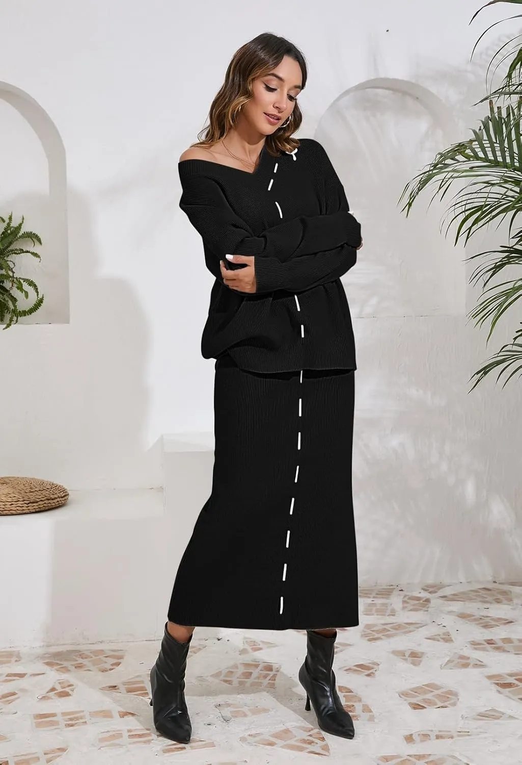 Pink Queen 2024 Women's 2 Piece Sweater Set V Neck Rib Knit Long Sleeve Maxi Bodycon Skirt Casual Outfits