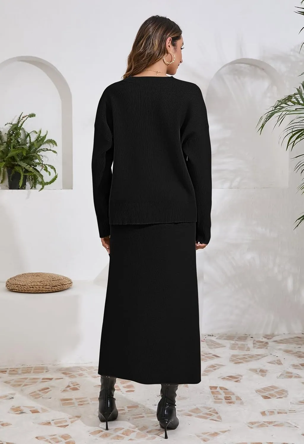 Pink Queen 2024 Women's 2 Piece Sweater Set V Neck Rib Knit Long Sleeve Maxi Bodycon Skirt Casual Outfits