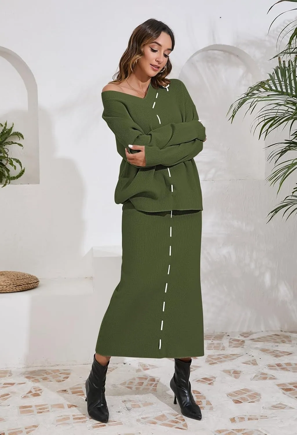 Pink Queen 2024 Women's 2 Piece Sweater Set V Neck Rib Knit Long Sleeve Maxi Bodycon Skirt Casual Outfits
