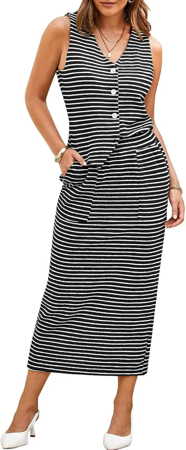 Pink Queen Women's 2 Piece Outfits Sleeveless V Neck Button Down Tank Tops Slit Midi Dress 2025 Striped Summer Skirt Sets