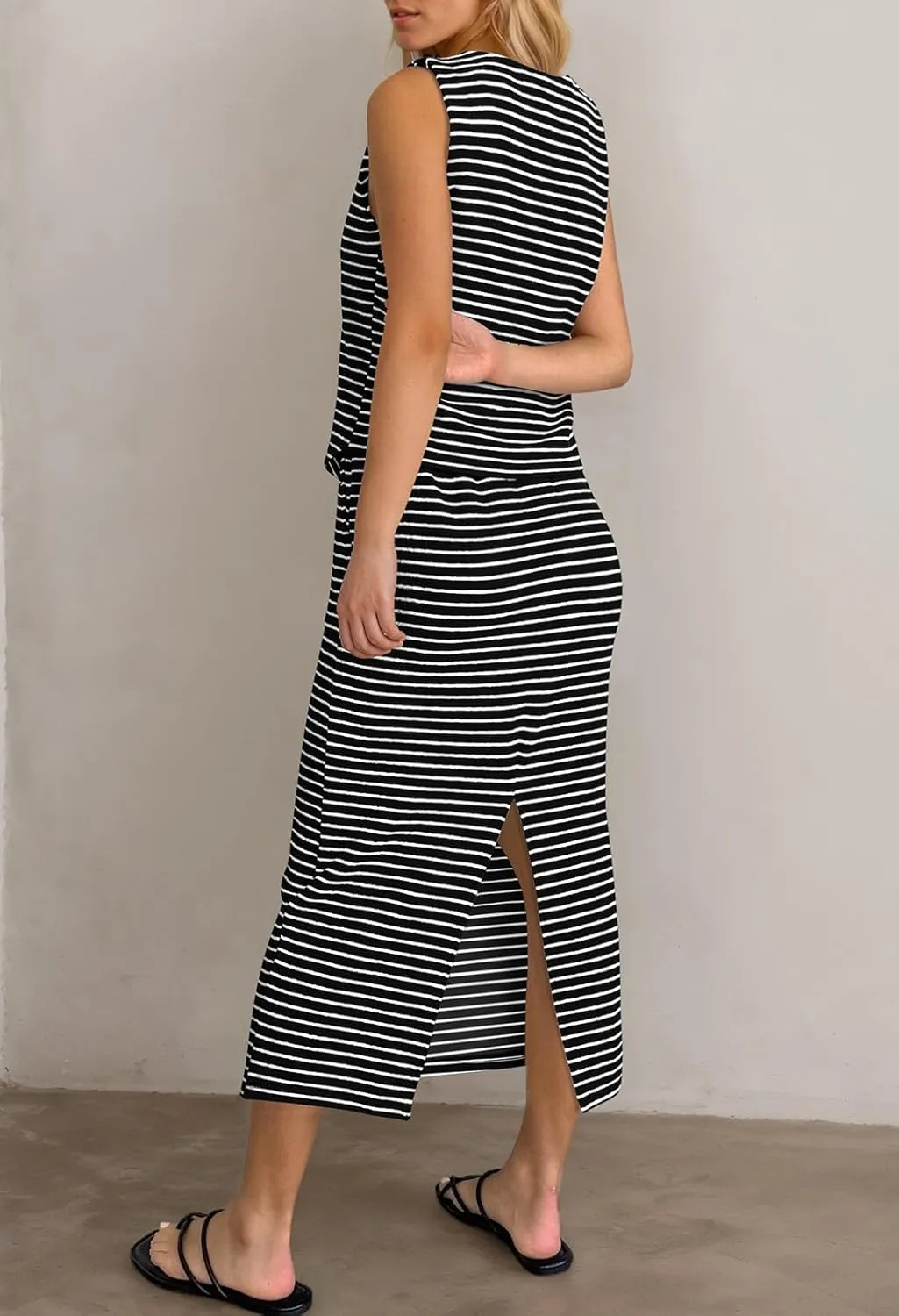 Pink Queen Women's 2 Piece Outfits Sleeveless V Neck Button Down Tank Tops Slit Midi Dress 2025 Striped Summer Skirt Sets