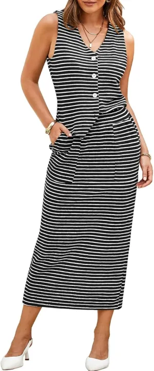 Pink Queen Women's 2 Piece Outfits Sleeveless V Neck Button Down Tank Tops Slit Midi Dress 2025 Striped Summer Skirt Sets