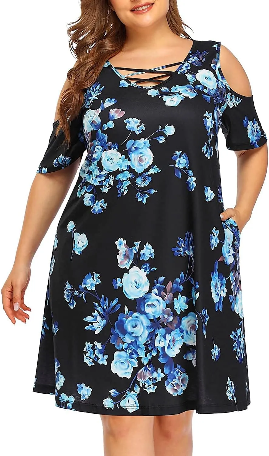 Pinup Fashion Women's Plus Size Sun Dress Cold Shoulder Casual T-Shirt Knee Length Sundresses with Pockets