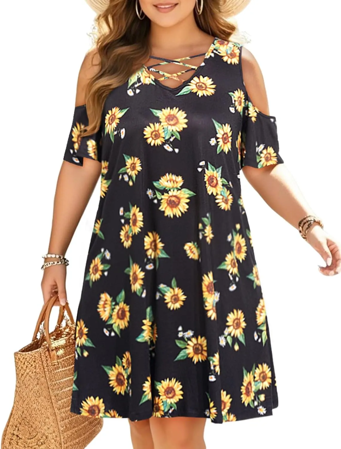 Pinup Fashion Women's Plus Size Sun Dress Cold Shoulder Casual T-Shirt Knee Length Sundresses with Pockets