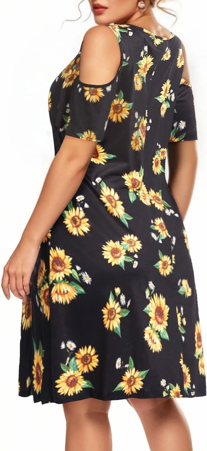 Pinup Fashion Women's Plus Size Sun Dress Cold Shoulder Casual T-Shirt Knee Length Sundresses with Pockets
