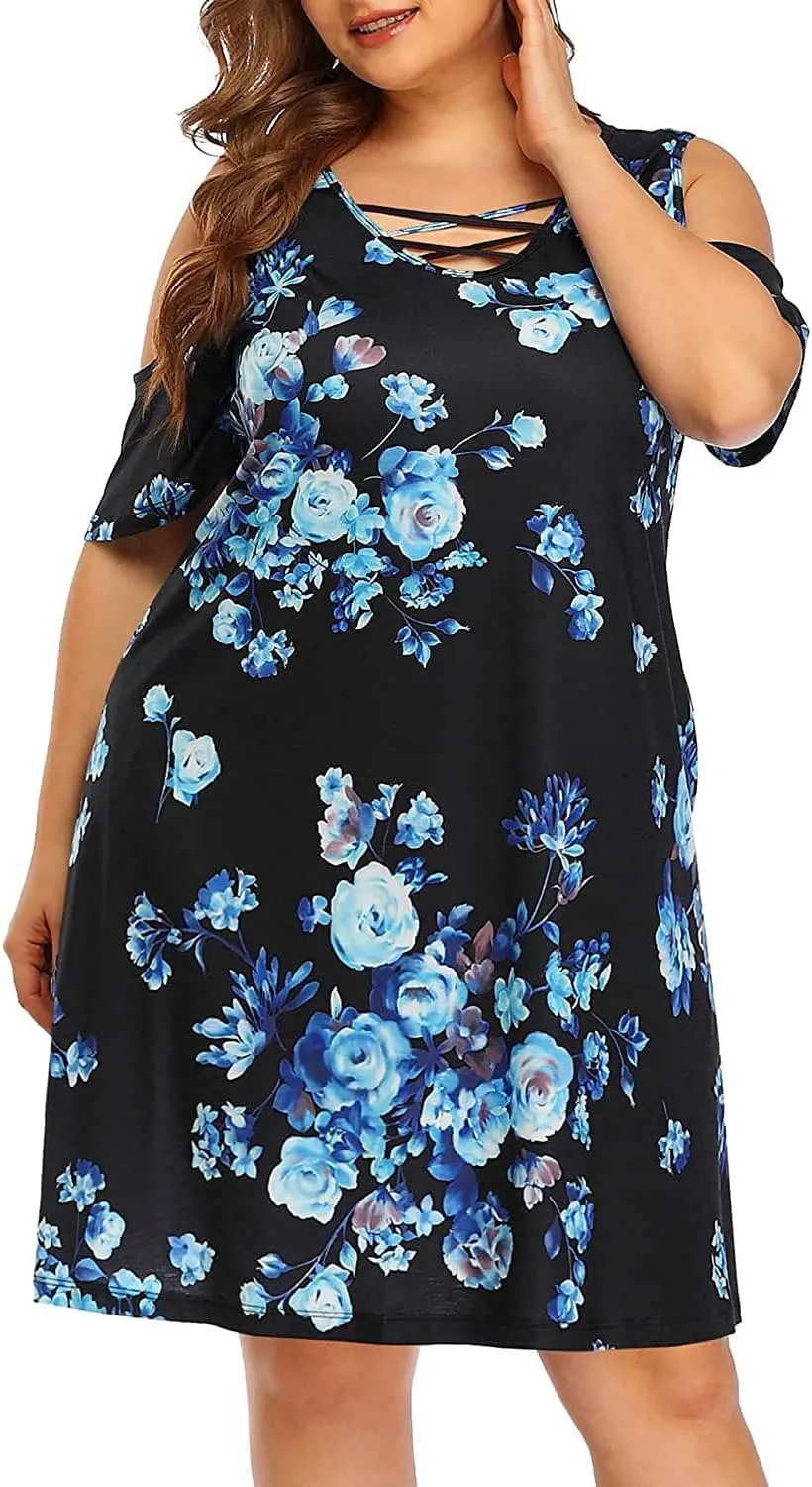 Pinup Fashion Women's Plus Size Sun Dress Cold Shoulder Casual T-Shirt Knee Length Sundresses with Pockets