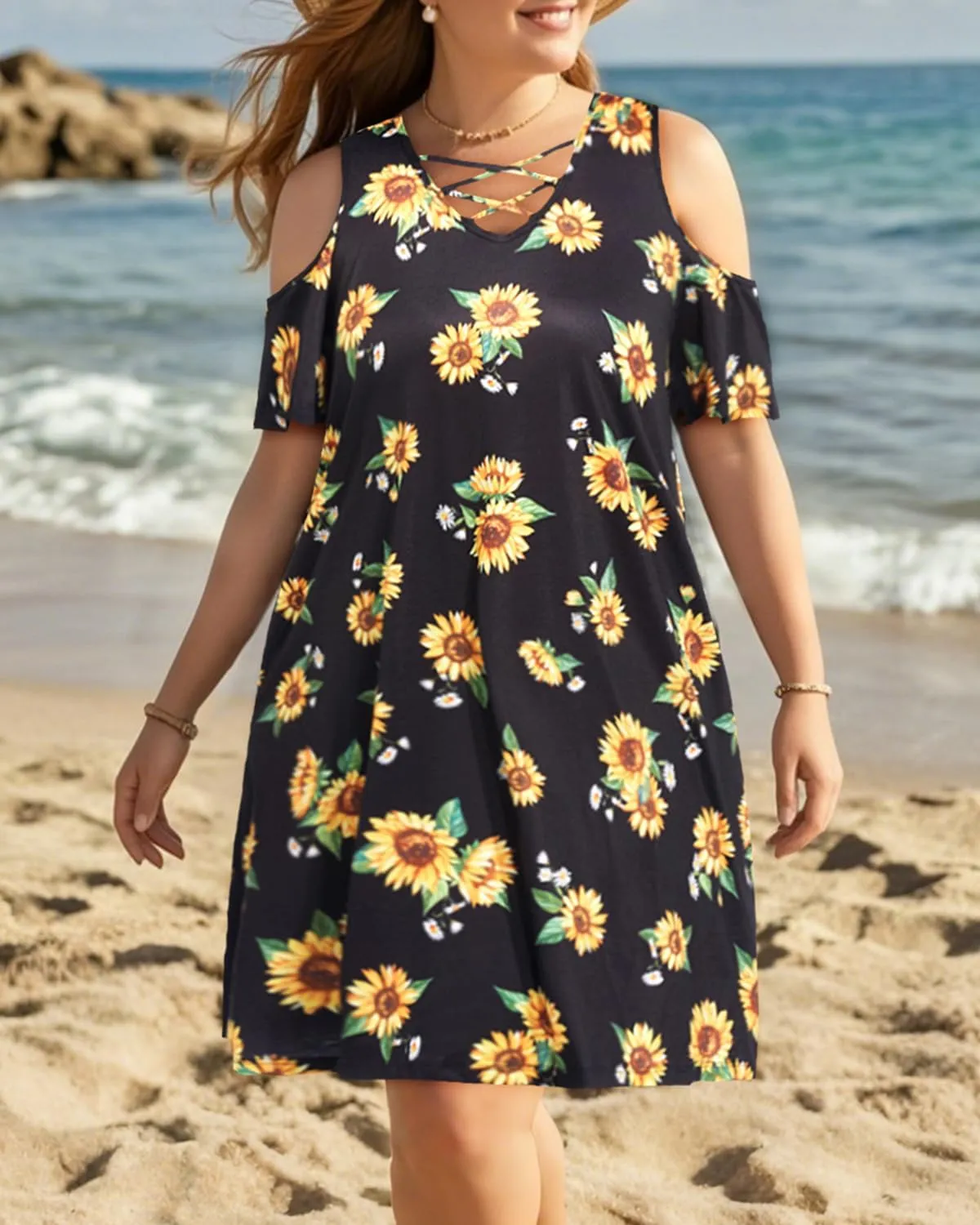 Pinup Fashion Women's Plus Size Sun Dress Cold Shoulder Casual T-Shirt Knee Length Sundresses with Pockets