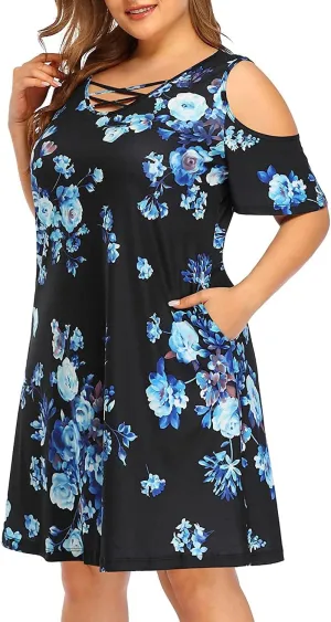 Pinup Fashion Women's Plus Size Sun Dress Cold Shoulder Casual T-Shirt Knee Length Sundresses with Pockets
