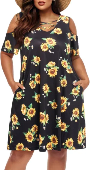 Pinup Fashion Women's Plus Size Sun Dress Cold Shoulder Casual T-Shirt Knee Length Sundresses with Pockets