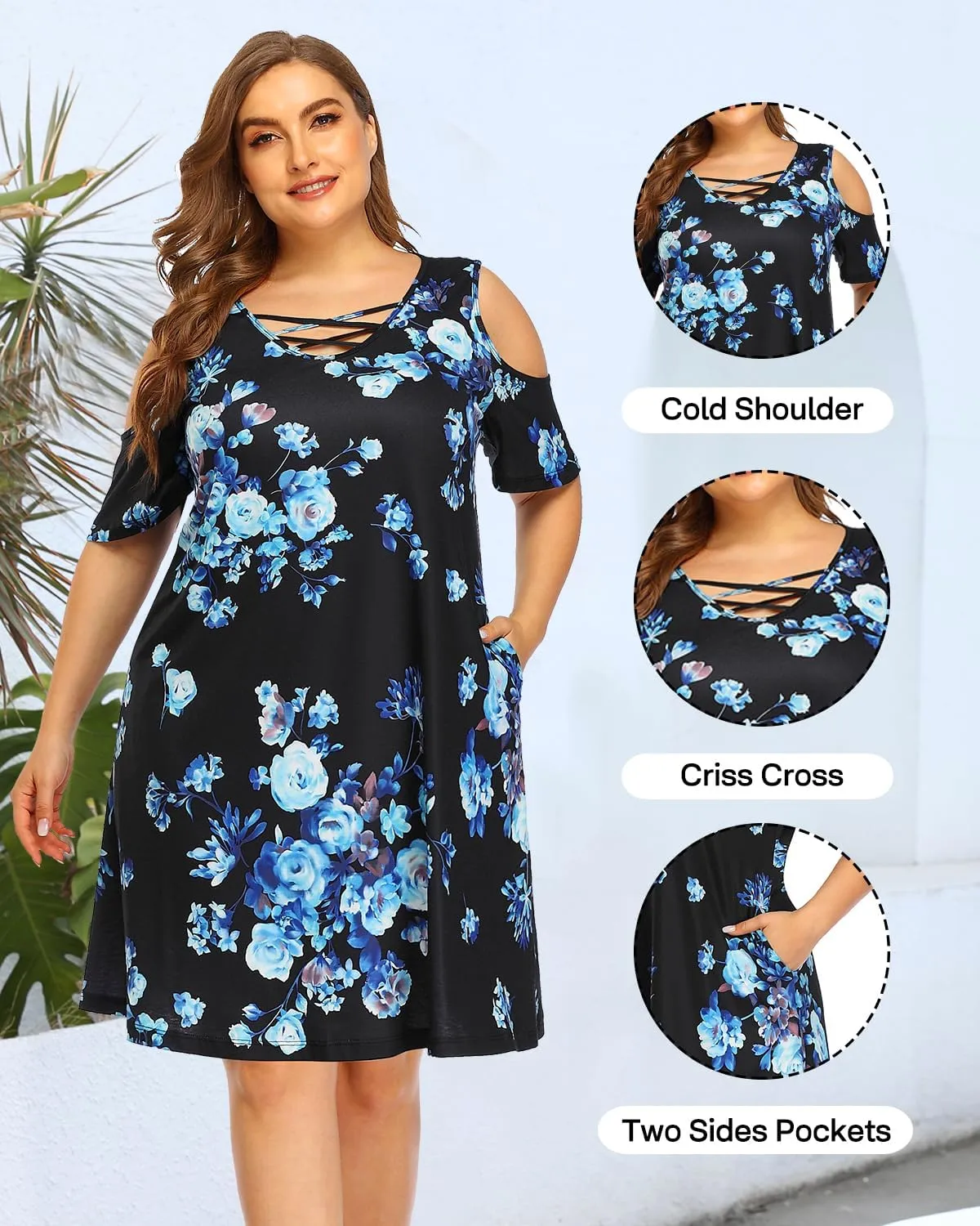 Pinup Fashion Women's Plus Size Sun Dress Cold Shoulder Casual T-Shirt Knee Length Sundresses with Pockets