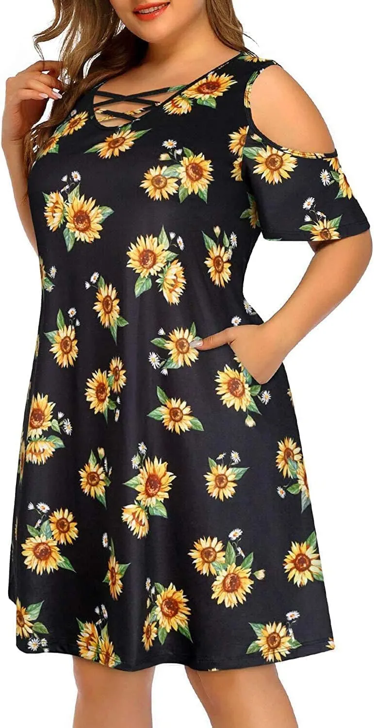 Pinup Fashion Women's Plus Size Sun Dress Cold Shoulder Casual T-Shirt Knee Length Sundresses with Pockets