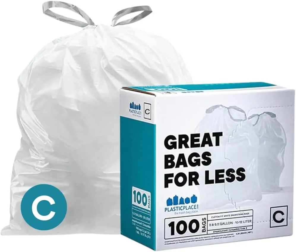 Plasticplace Trash Bags | Compatible with Simplehuman (x) Code C | (100 Count)White Drawstring Garbage Liners 2.6-3.2 Gallon / 10-12 Liter  14.75" x 20"