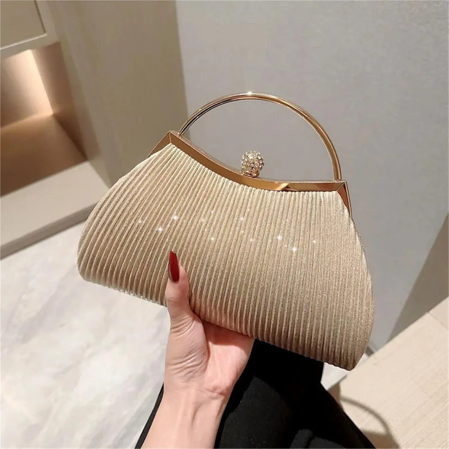 Pleated Evening Handbag Women Top Handle Clutch Wedding Dressed Clip Bag Diamond Party Purse