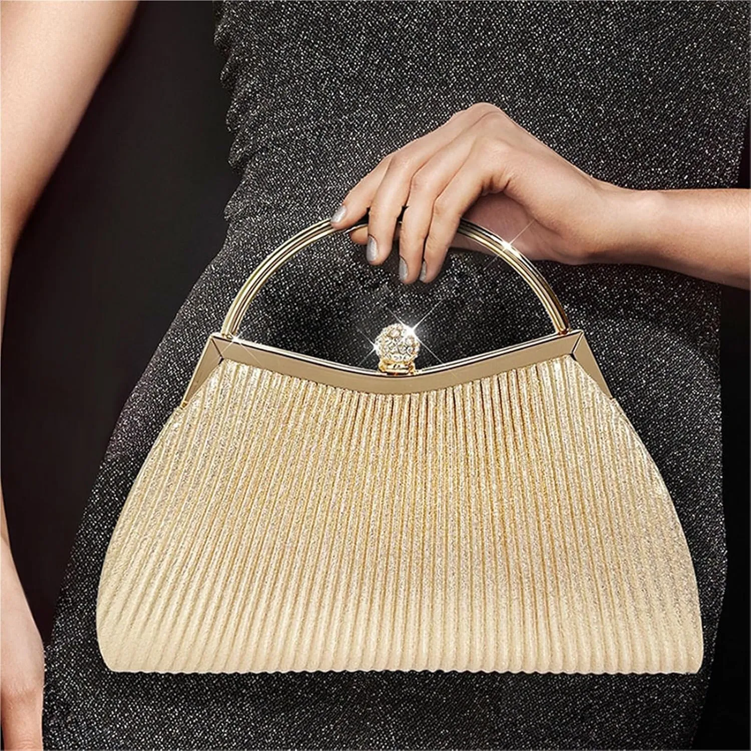 Pleated Evening Handbag Women Top Handle Clutch Wedding Dressed Clip Bag Diamond Party Purse