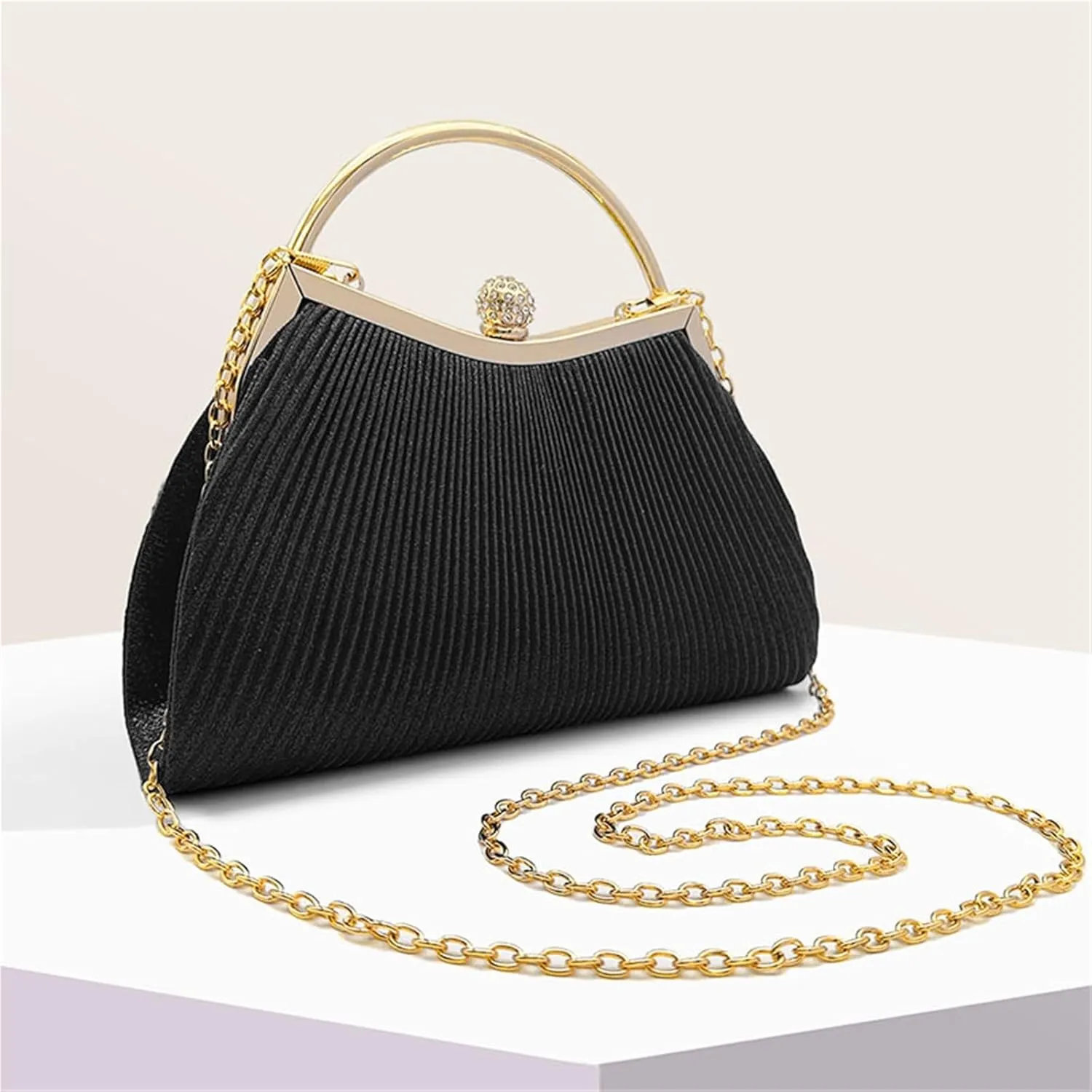 Pleated Evening Handbag Women Top Handle Clutch Wedding Dressed Clip Bag Diamond Party Purse