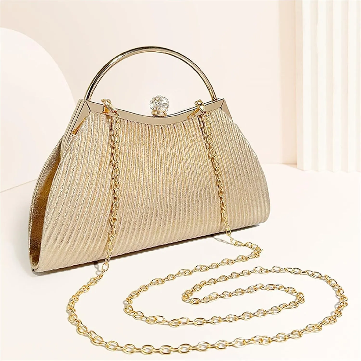 Pleated Evening Handbag Women Top Handle Clutch Wedding Dressed Clip Bag Diamond Party Purse