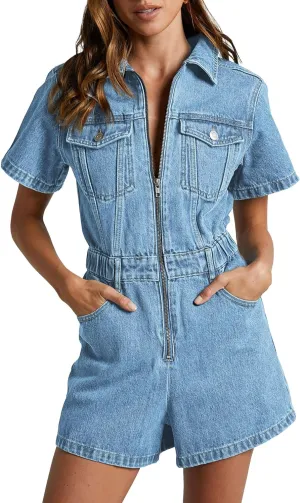 PLNOTME Womens Summer Denim Romper Short Sleeve Zip Up Utility Pockets Jean Jumpsuit Shorts