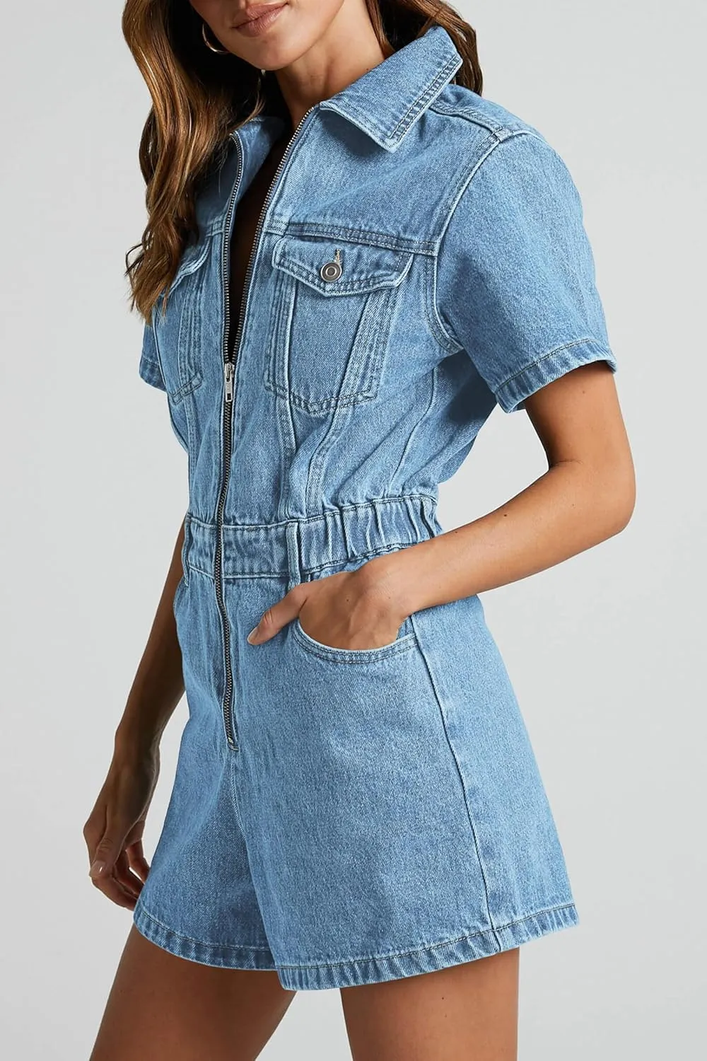PLNOTME Womens Summer Denim Romper Short Sleeve Zip Up Utility Pockets Jean Jumpsuit Shorts