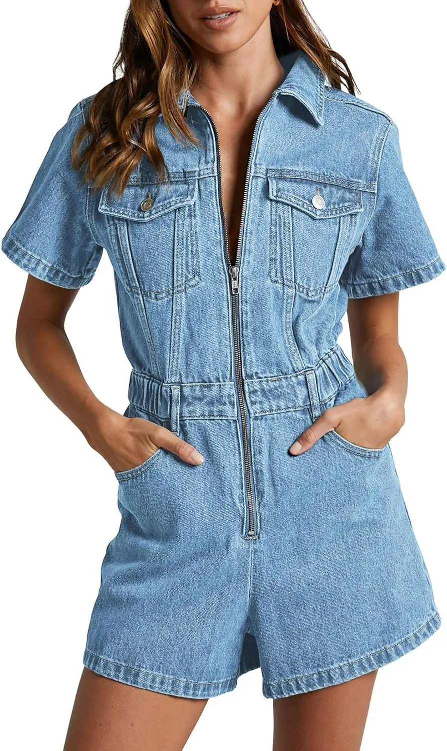 PLNOTME Womens Summer Denim Romper Short Sleeve Zip Up Utility Pockets Jean Jumpsuit Shorts