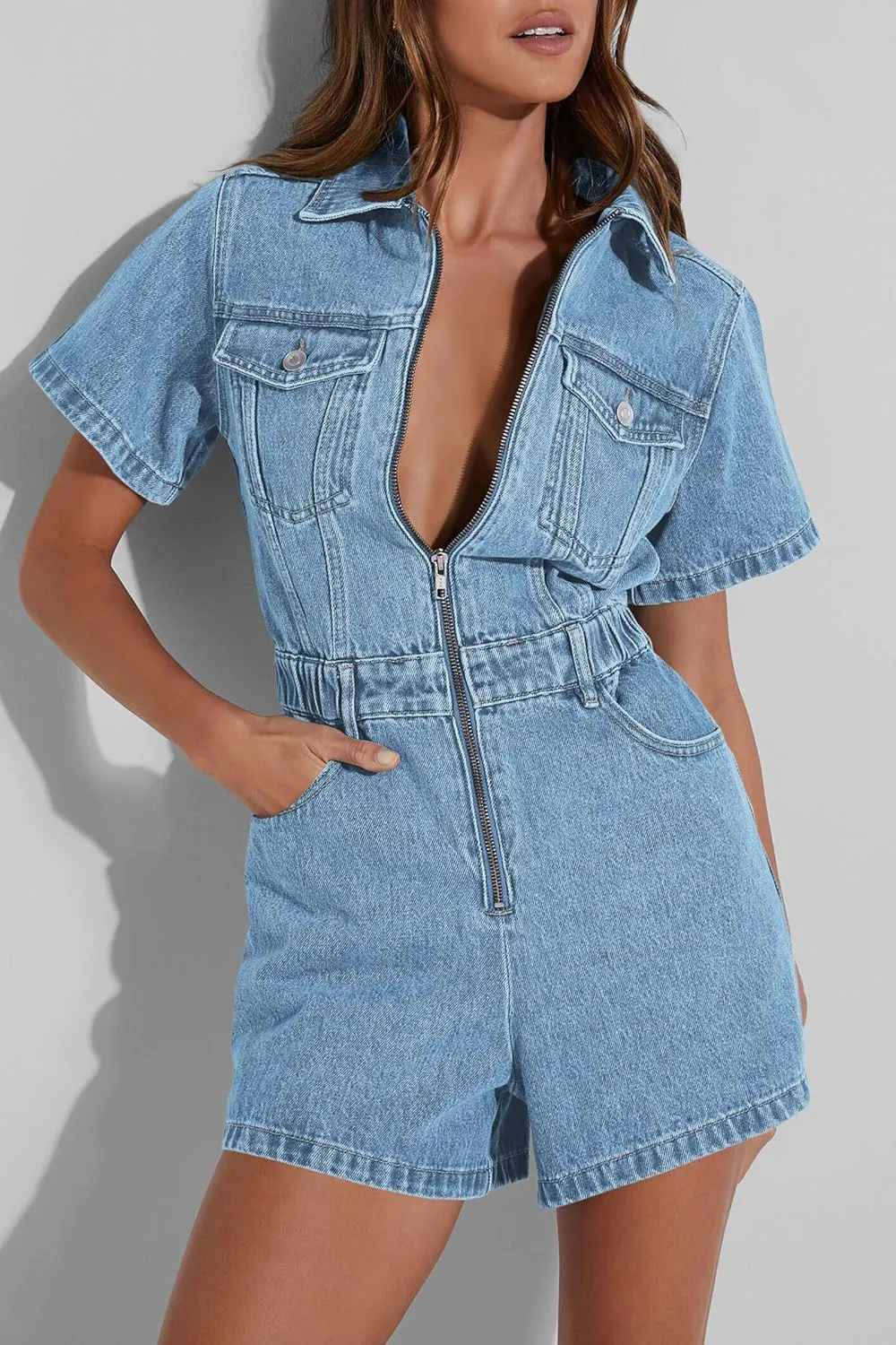 PLNOTME Womens Summer Denim Romper Short Sleeve Zip Up Utility Pockets Jean Jumpsuit Shorts
