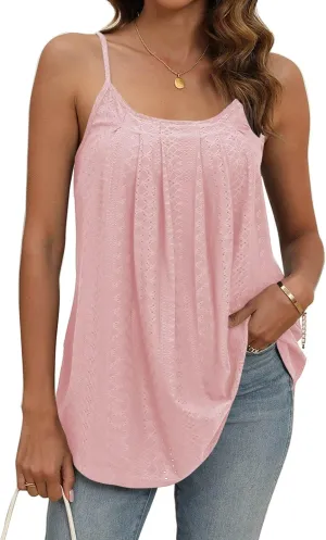 Poetsky Summer Tank Tops for Women Pleated Spaghetti Strap Camisole Loose Fit Casual Eyelet Sleeveless Shirts