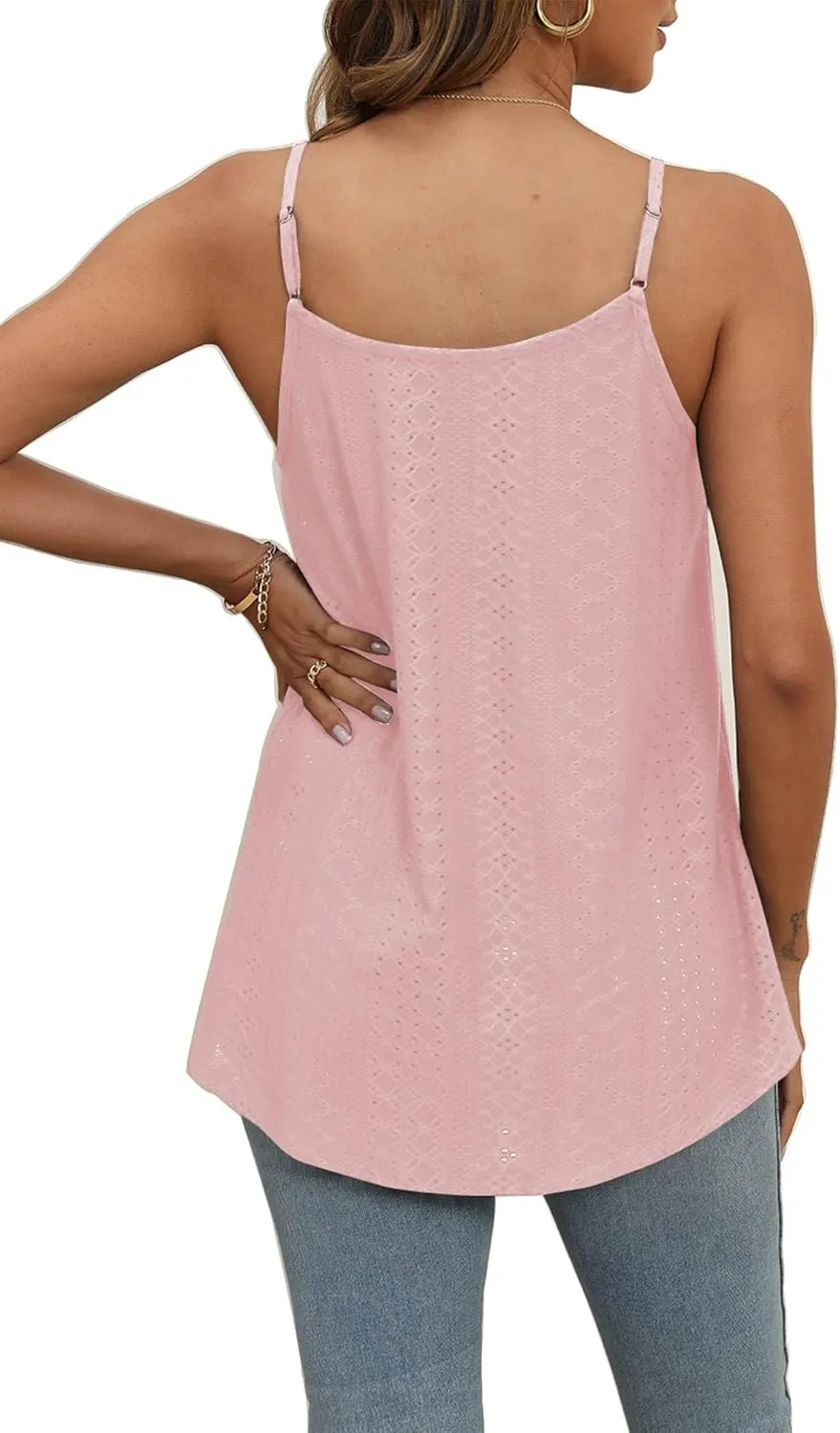 Poetsky Summer Tank Tops for Women Pleated Spaghetti Strap Camisole Loose Fit Casual Eyelet Sleeveless Shirts