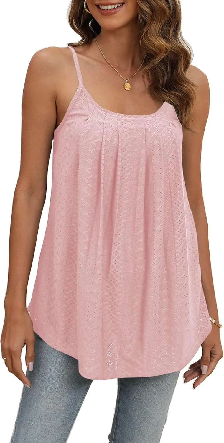 Poetsky Summer Tank Tops for Women Pleated Spaghetti Strap Camisole Loose Fit Casual Eyelet Sleeveless Shirts