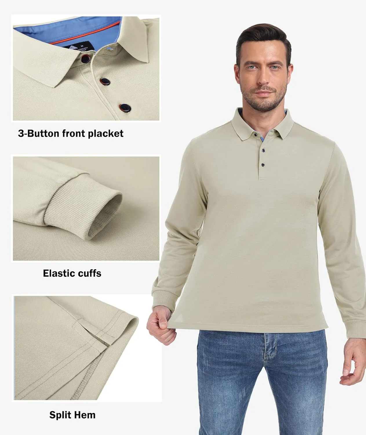 Polo Shirts for Men Long Sleeve Moisture Wicking Golf Polos Casual Travel Performance Collar Shirts