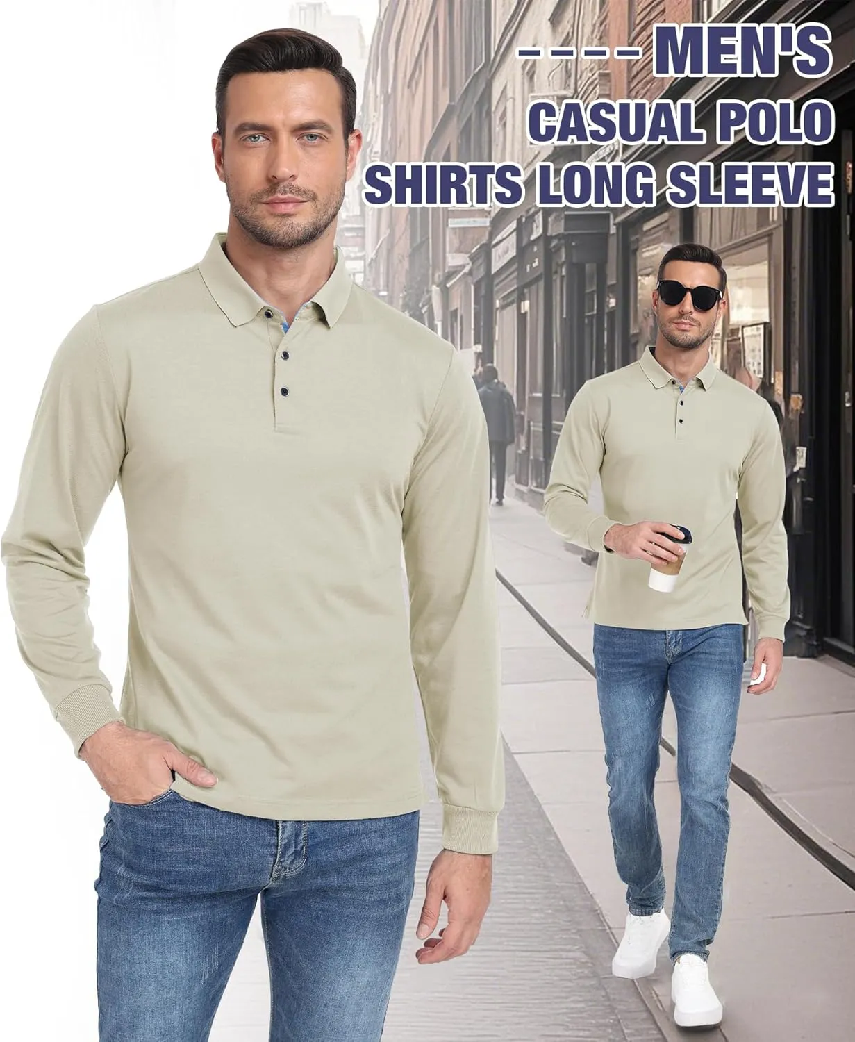 Polo Shirts for Men Long Sleeve Moisture Wicking Golf Polos Casual Travel Performance Collar Shirts