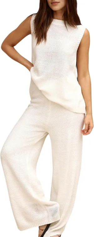 PUWEI Women's 2 Piece Lounge Set Bow Sweater Vest Wide Leg Pants Summer Matching Sets Travel Outfits Knit Tracksuit