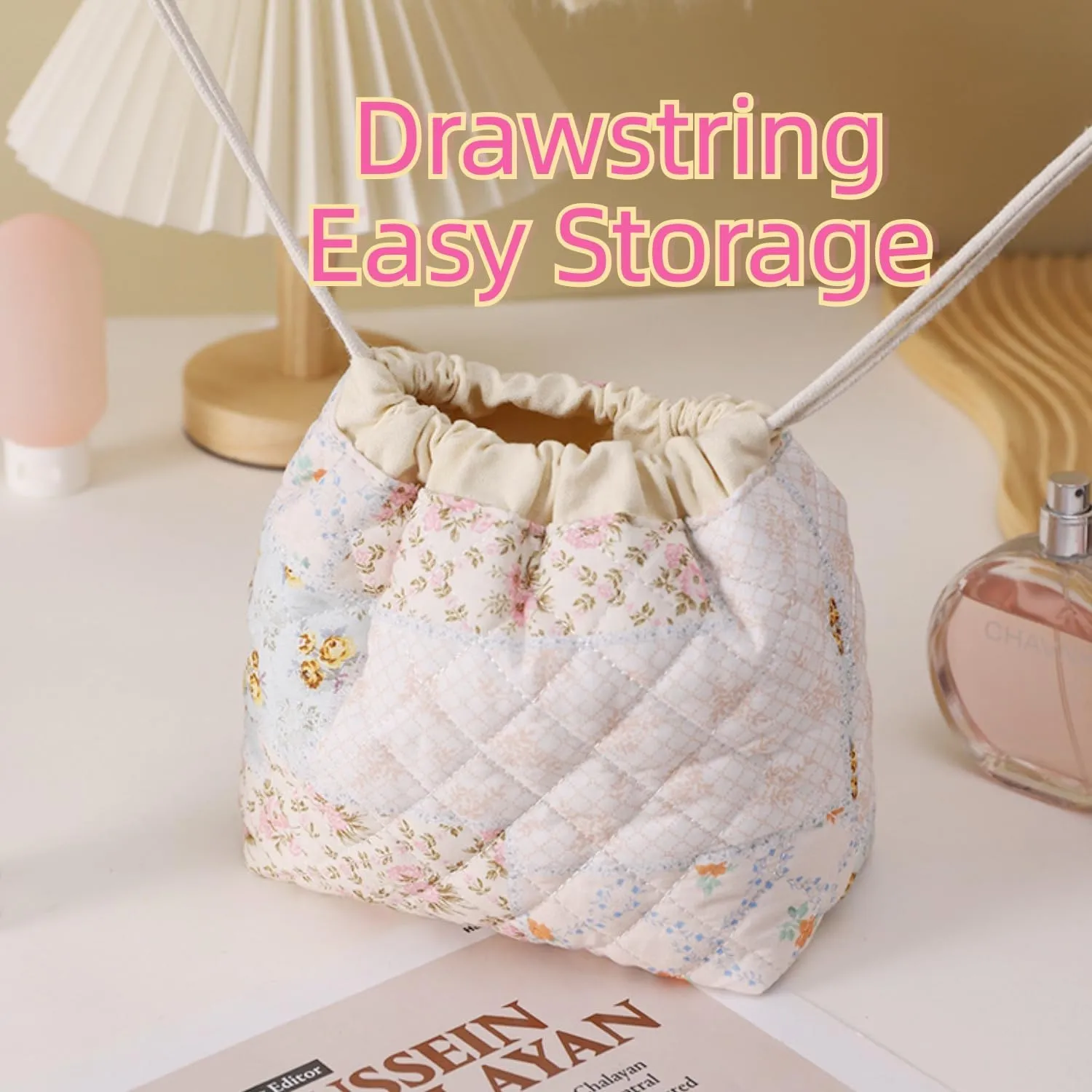 Quilted Drawstring Makeup Bag with Canvas Lining, Floral Coquette Aesthetic Cute Cotton Travel Toiletry Bag for Women and Girls (Rose Pink)
