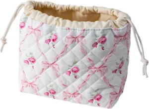 Quilted Drawstring Makeup Bag with Canvas Lining, Floral Coquette Aesthetic Cute Cotton Travel Toiletry Bag for Women and Girls (Rose Pink)