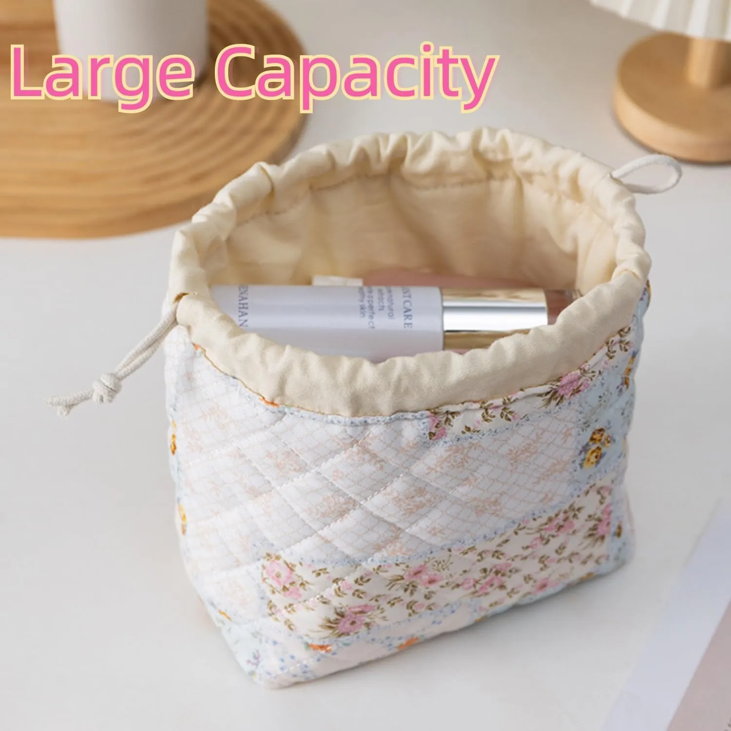 Quilted Drawstring Makeup Bag with Canvas Lining, Floral Coquette Aesthetic Cute Cotton Travel Toiletry Bag for Women and Girls (Rose Pink)